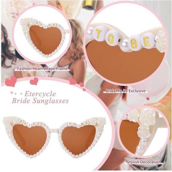 ?Women Cream Bride Bachelorette Party Bride to Be Flower Pearl Heart Glasses main image 7